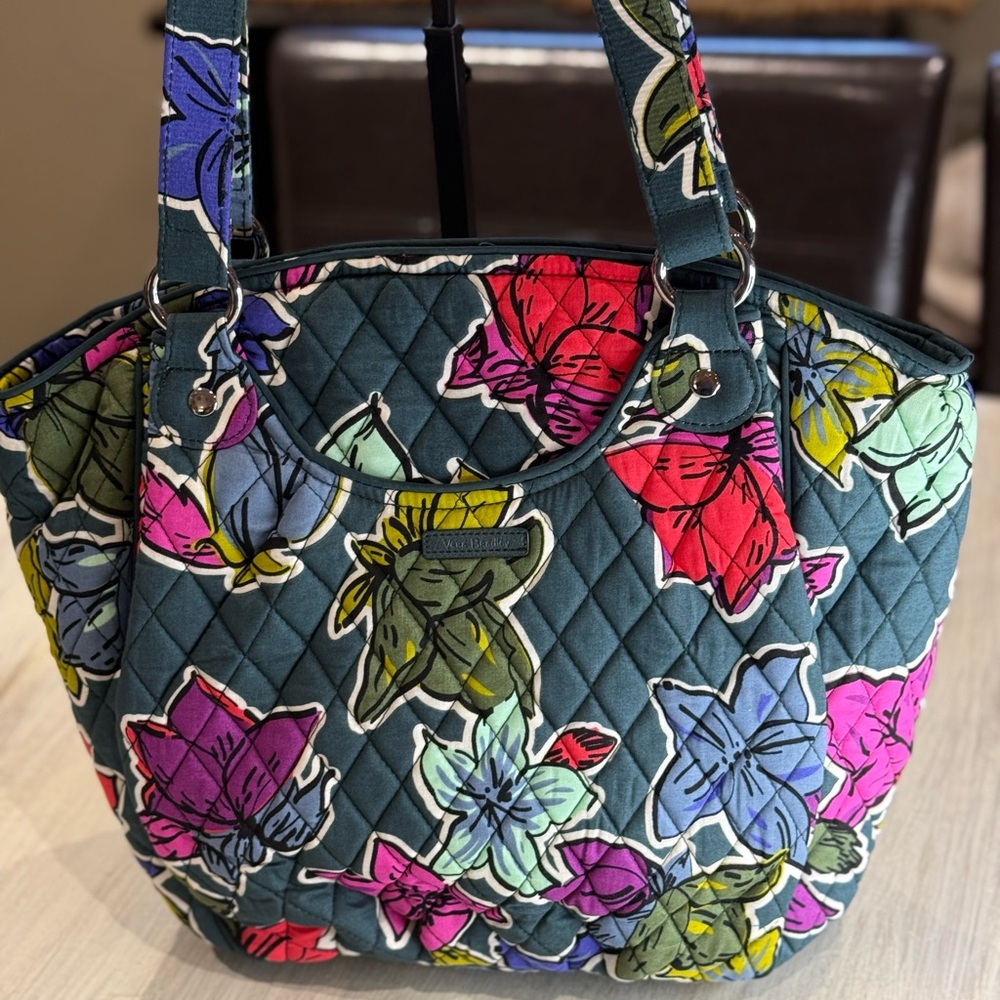 Quilted Glenna Floral Tote Bag in Teal with Multicolor Blooms